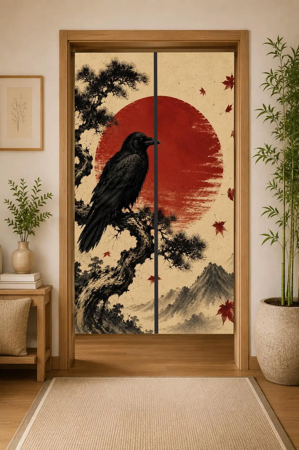 Large Japanese Style Door Curtain Screen Panel Black Bird Red Sun Landscape Art Home Decor