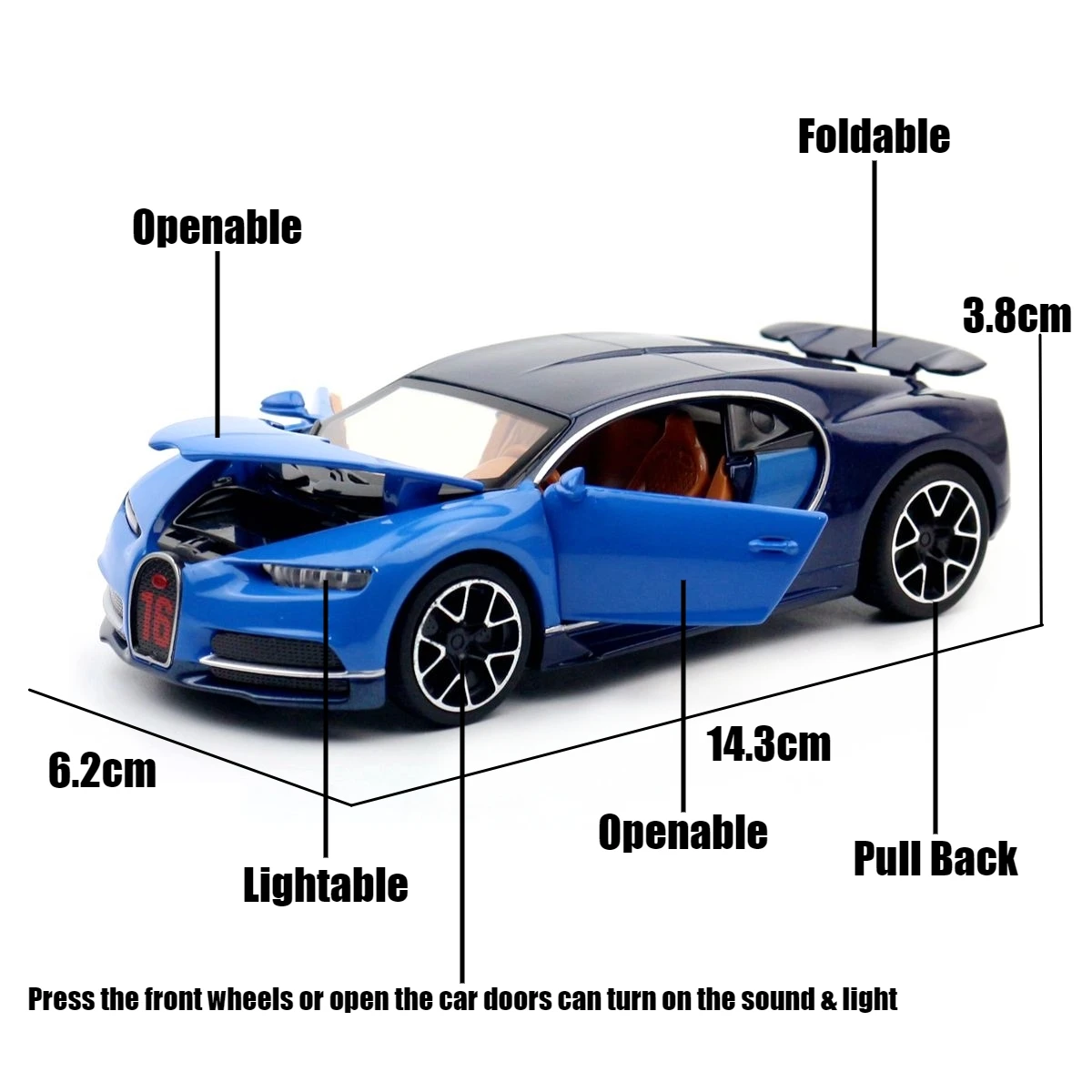 Bugatti Chiron Car Toy For Children 1/32 Diecast Super Sport Miniature Model Pull Back Sound & Light Collection Gift For Boys