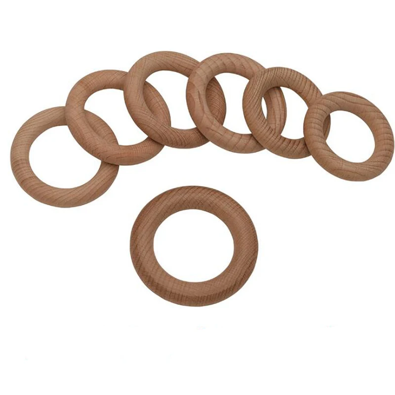 10Pc 50/55/60/70mm Beech Wooden Teether Ring Baby Teething Wooden Crafts Toys for Baby Rattles Wood Ring Crib Mobile Teether