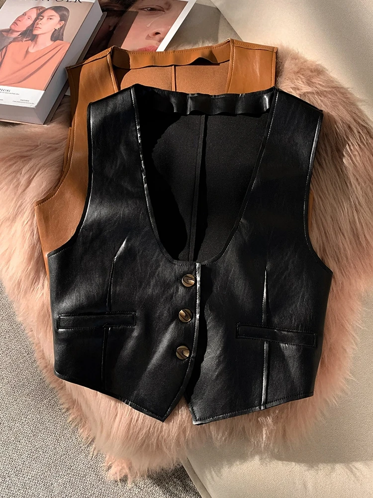 Retro PU Leather Vest Women's Autumn Jacket All-Match Solid Color Single Breasted Deep V-neck Streetwear