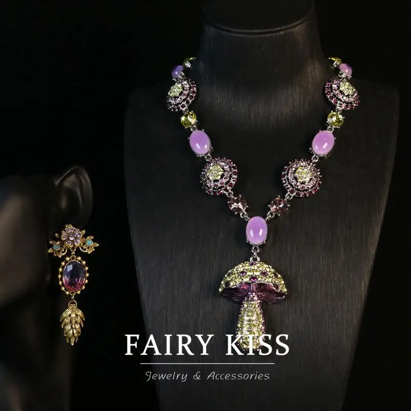 

Europe and America Fashionable and exquisite Rhinestone inlaid mushroom-shaped stud earrings necklace jewelry set for women