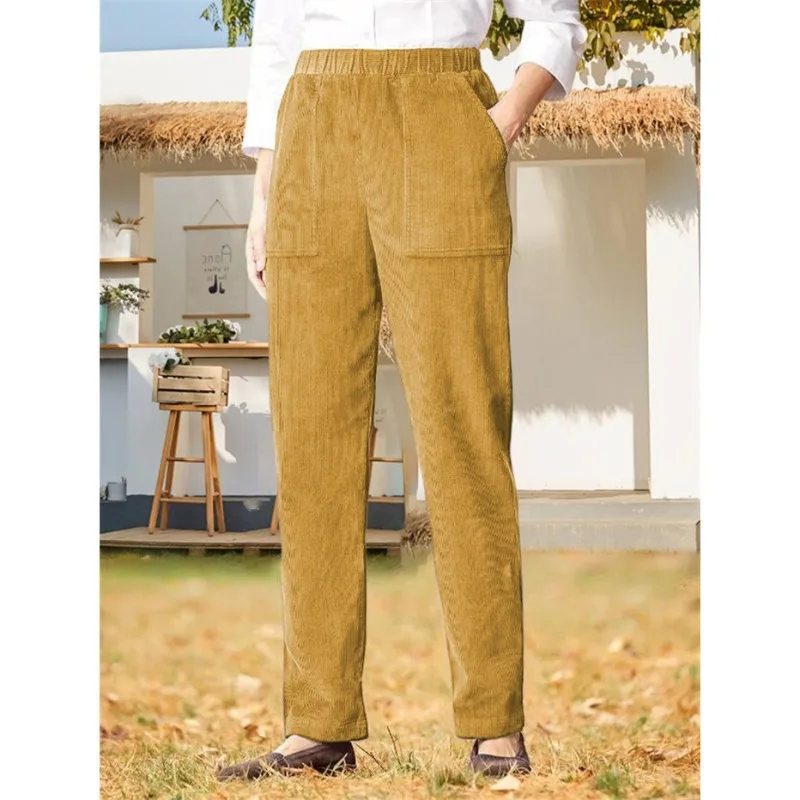 

1pcs Women's Corduroy Straight Leg Pants Solid Color Casual Trousers with Pockets Elastic Waist Long Pants for Spring Autumn