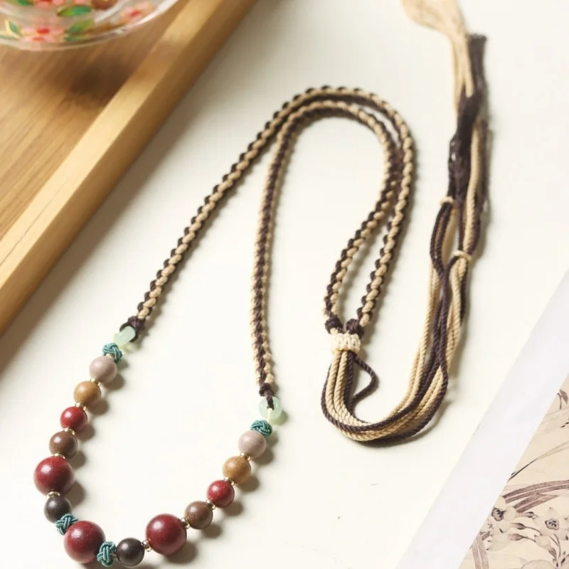 

Handmade braided rope and incense bead bracelet, vintage style long necklace, sweater chain, wall hanging, stackable wear