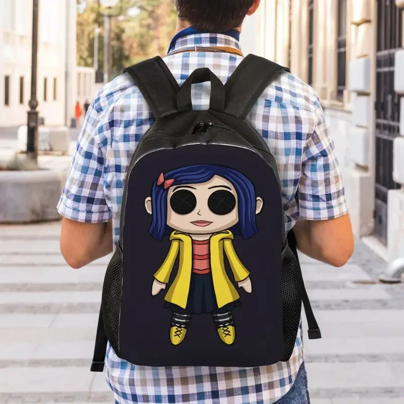 Custom Coraline Doll Chibi Horror Movie Backpack for Women Men School College Students Bookbag Fits 15 Inch Laptop Bags