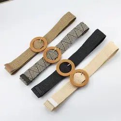 Belt Women Elastic Dress Belt Boho Weaving Straw Waist Band Pin Buckle Dress Jeans Decor Wooden Style Buckle Waist Dress Band