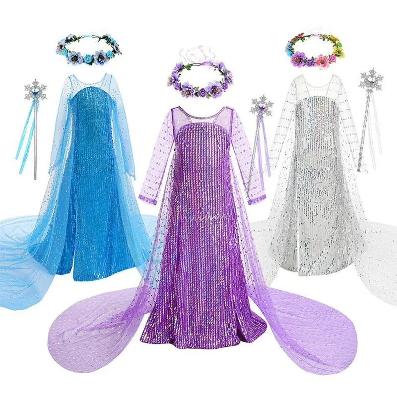 エルサプリンセススカート-女の子用-誕生日パーティードレス-キラキラ光るテール付き子供服-夏用半袖漫画柄