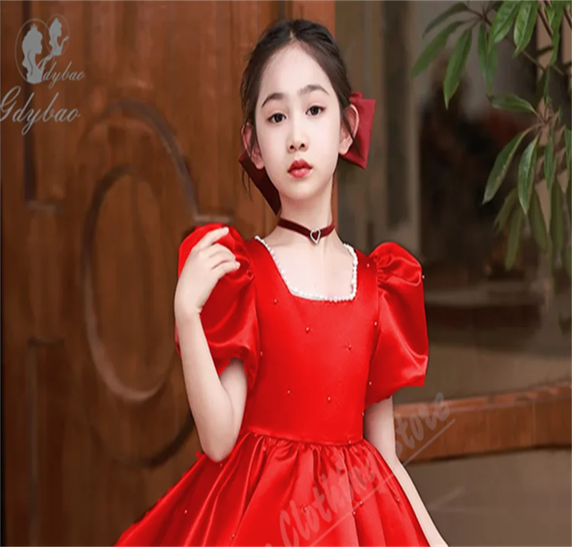 

Red Satin Flower Girl Dress Square Neck Pearl Decoration Children Birthday Party Girl Clothing Simple Clothes