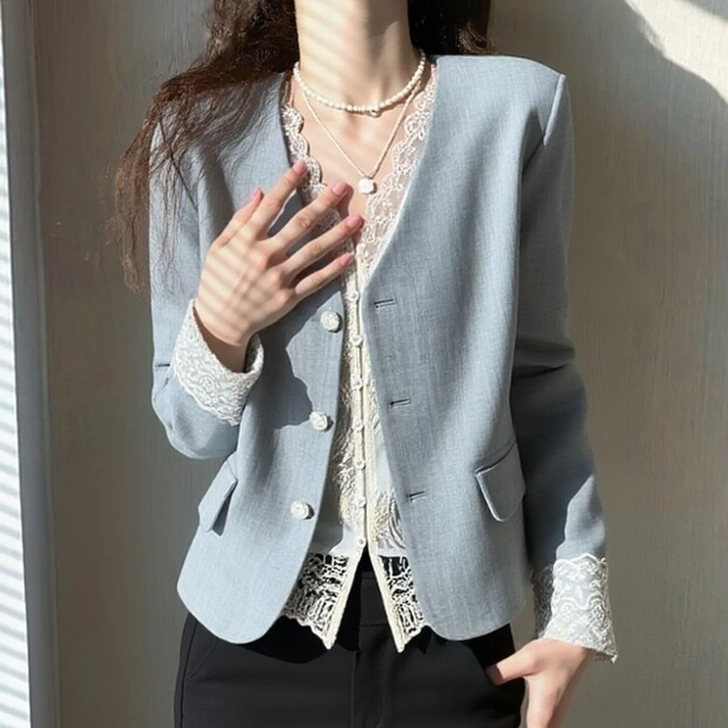 Elegant Blue Small Suit Jacket for Women Commute Professional Workwear Stylish Personality Short Size Polyester Fiber