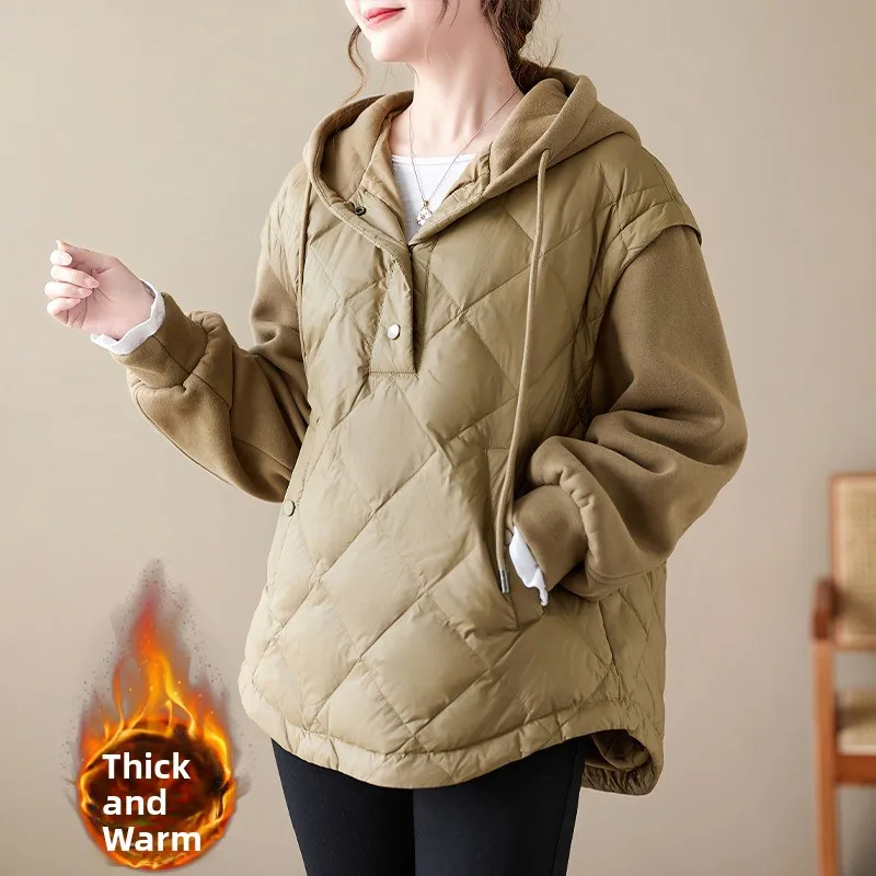 

Thiened down Hoodie Jaet Women's Patchwork Diamond id Cotton Insert Warm Winter Outerwear Artistic Commute Sle Pure C...