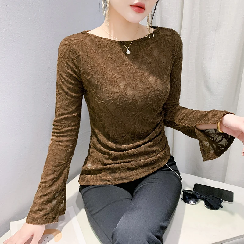 Asolls Froncé Dentelle Fleur Broderie Solide T-shirt Femme Automne Hiver Femme S-4XL Manches sulfDoux Slash Col Slim