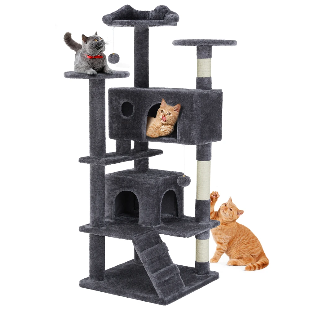

54-Inch Cat Tree Tower–Multi-Level with Sisal Scratching Post, Perfect Pet Gift,Indoor Condo with Climbing Ladder,Plush Toy,Grey