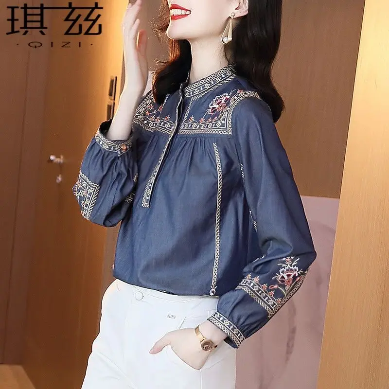 

Denim shirt women's design sense niche 2022 new spring and autumn retro embroidery loose casual long-sleeved ladies