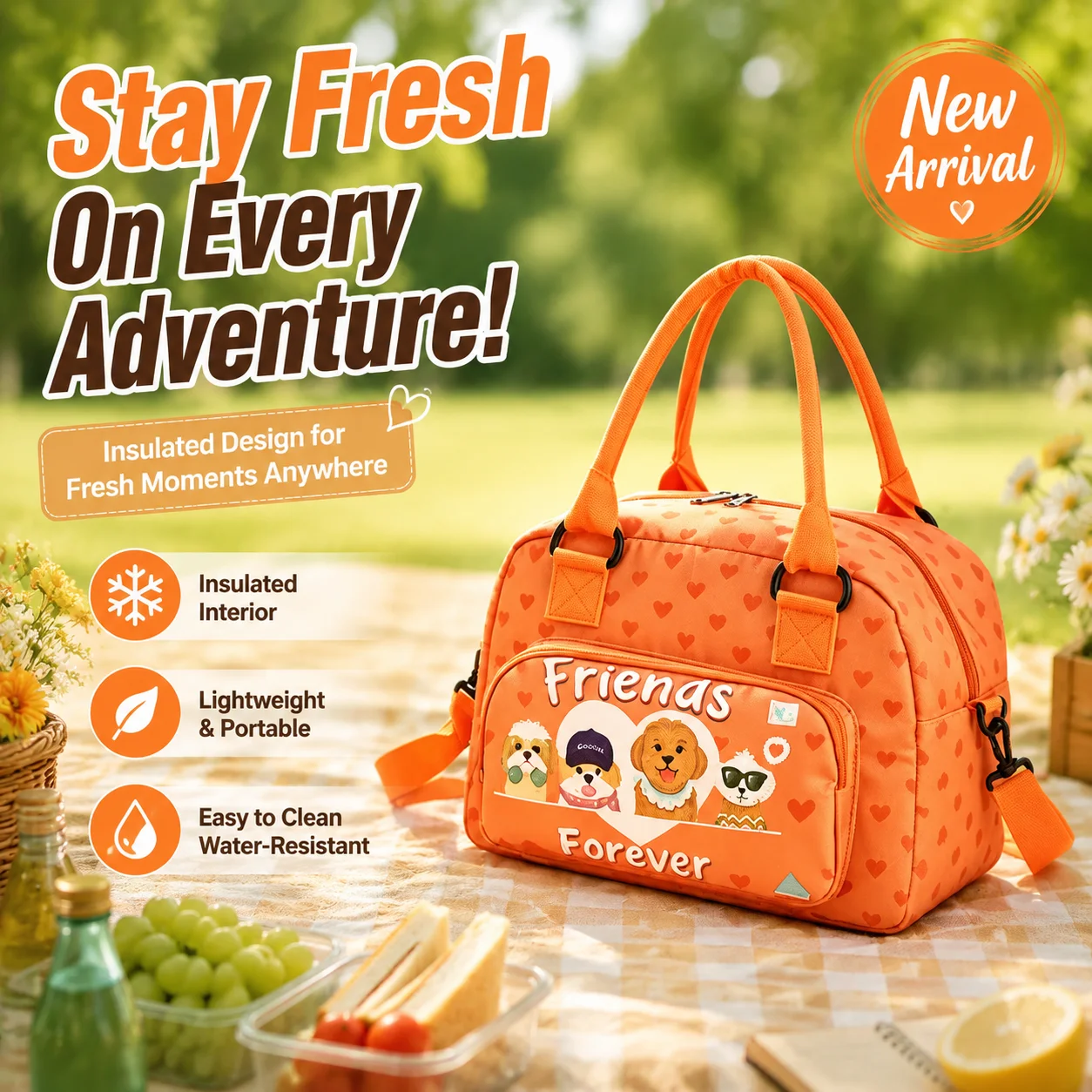 Cartoon insulated lunch box bag, thickened aluminum film portable picnic bag,waterproof and oil resistant double-layer bento bag