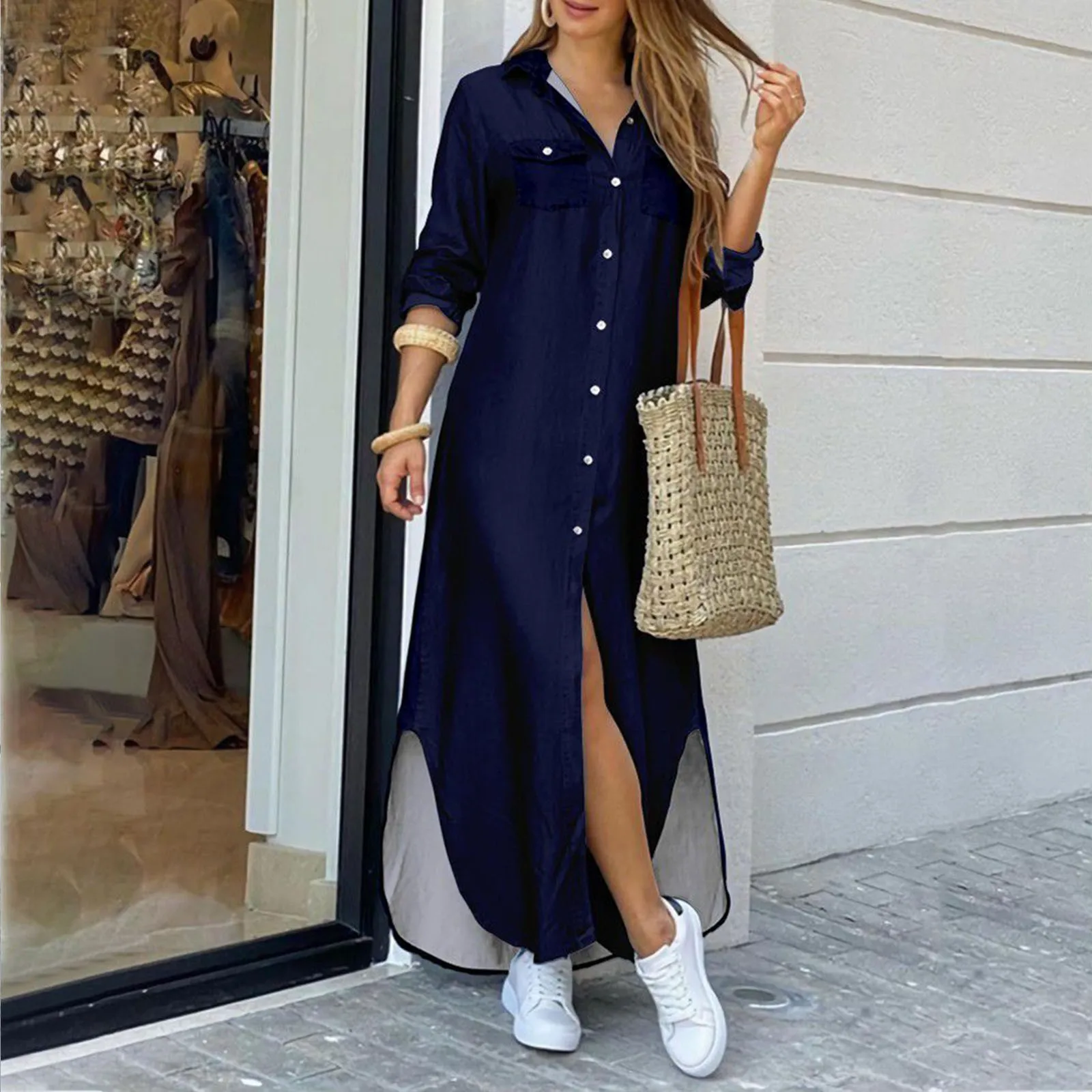 Autumn Long Dress Long Sleeve Shirt Women's Denim Long Dress Pocket Button Shirt Printing Casual Loose Dress