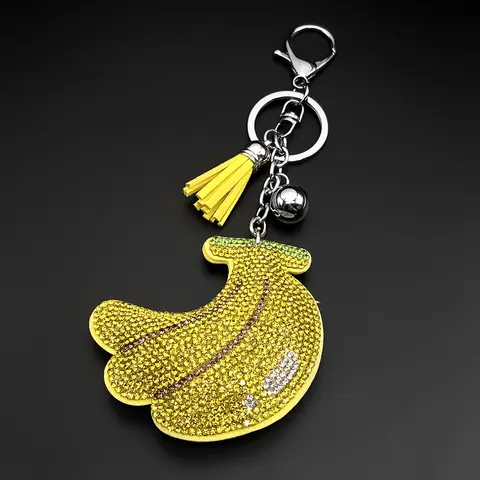 Cute Rhinestone Banana Keychain For Women Men Yellow Tassel Bell Sparkly Fruit Female Bag Pendant Fashion Keyring Jewelry Gift