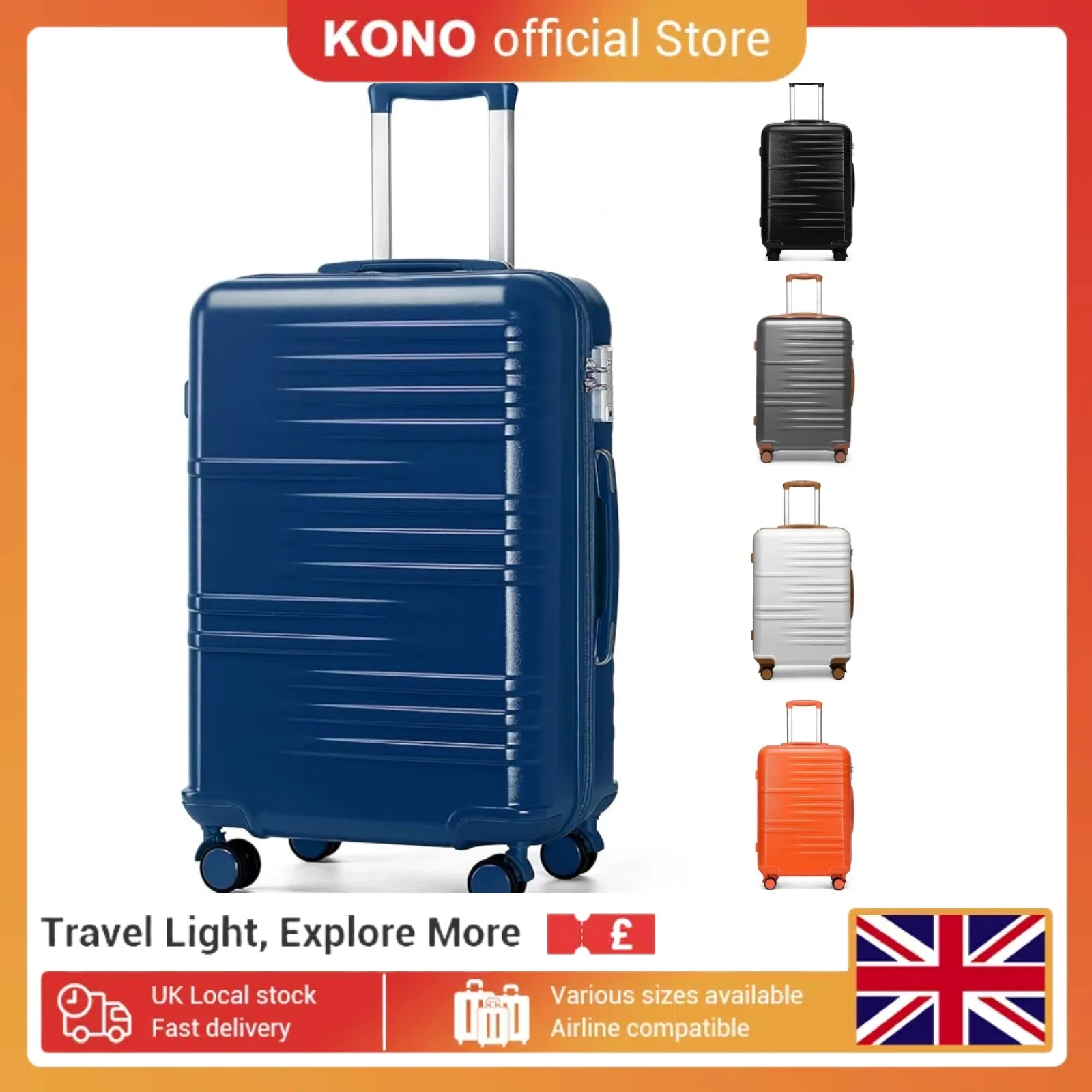 Maleta de cabina de carcasa dura de PC ligera de viajero británico, 4 ruedas giratorias y cerradura de combinación de 3 dígitos, equipaje de mano