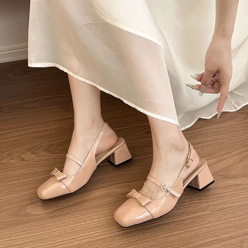 

French bow square toe thick heel Baotou sandals for women 2026 new one-word buckle gentle style high heels