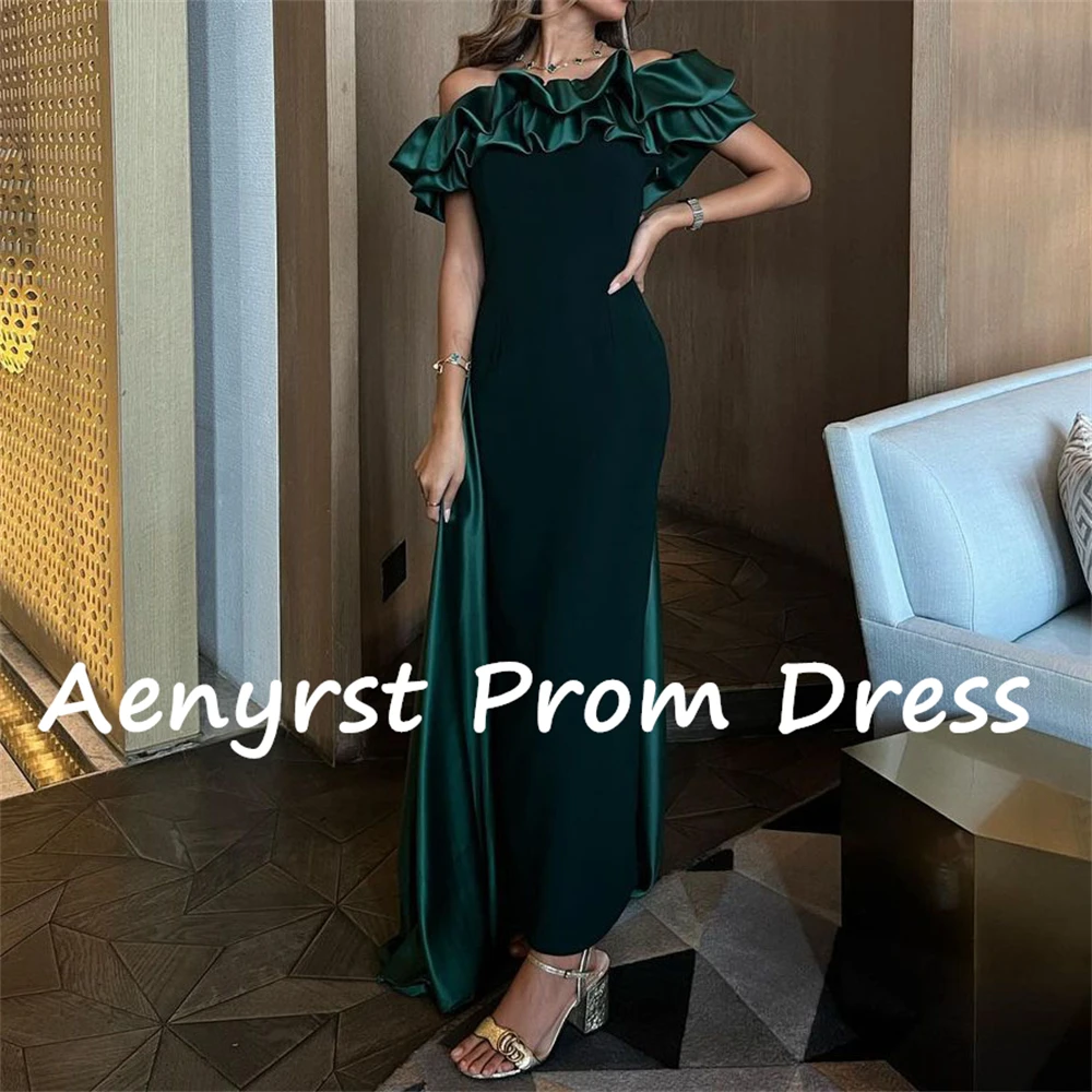 Aenyrst-Elegant Off The Shoulder Ruffles Sereia Cetim Prom Vestidos, Boat Neck Vestidos de Cocktail, Tornozelo Comprimento Dinner Party Dress