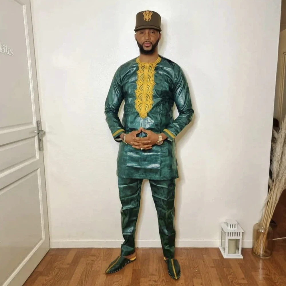 H&D  African Clothes for Men Tradition Clothing Riche Bazin Embroidered 2 Pcs Set shirt Pants Bazin Green suit Wedding Party