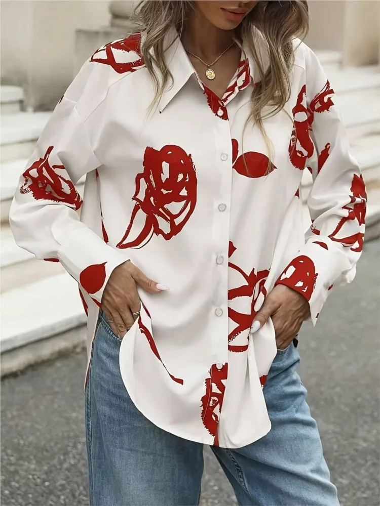 여성을위한 패션 포랄 프린트 셔츠 캐주얼 긴 소매 턴 다운 칼라 버튼 셔츠 탑 레이디 홀리데이 파티 streetwear 의류