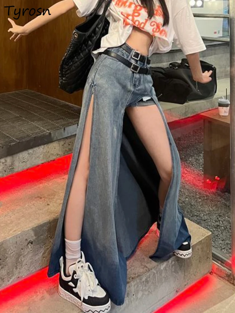 Denim Skirts Women Asymmetrical Creativity Slit Summer Midi Faldas Korean Style New All-match Retro Ladies Stylish Casual Design