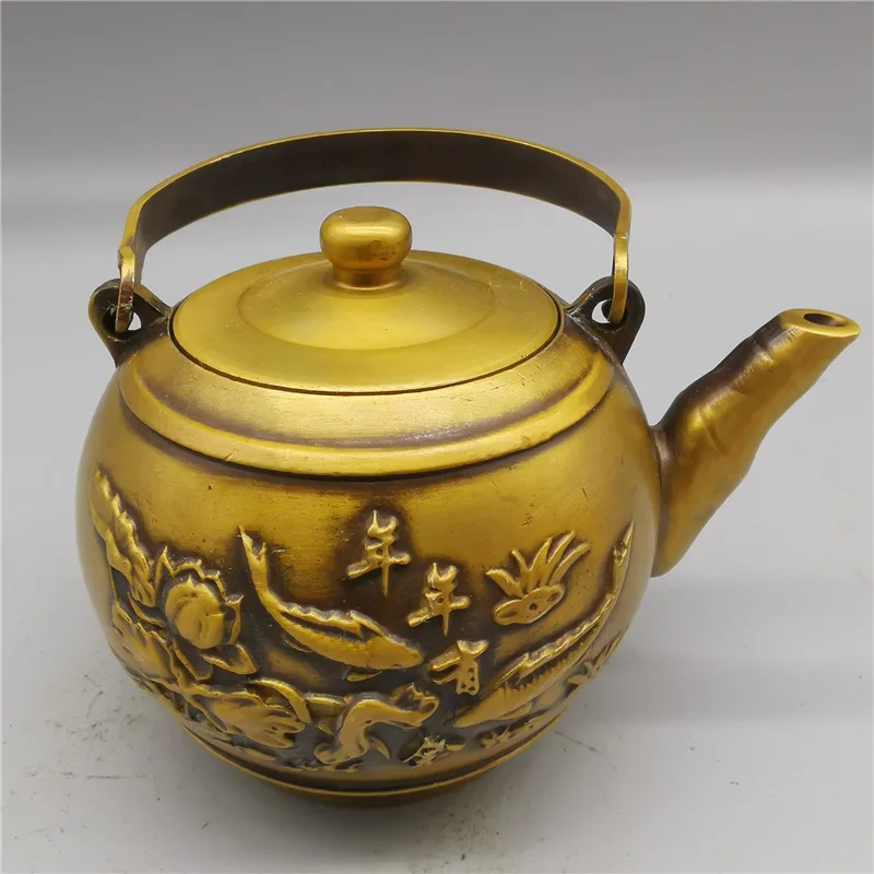 

Antique Style Brass Teapot Lotus Leaf Double Fish Copper Teapot Wine Pot Home Decor Tea Pot Craft