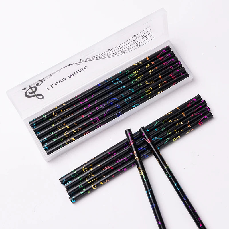 Colorful Note Black Wood Pencil Student I Love Music Stationery Treble Clef Pencil Case With 12 Pencils In Pencil Box Pencil Set