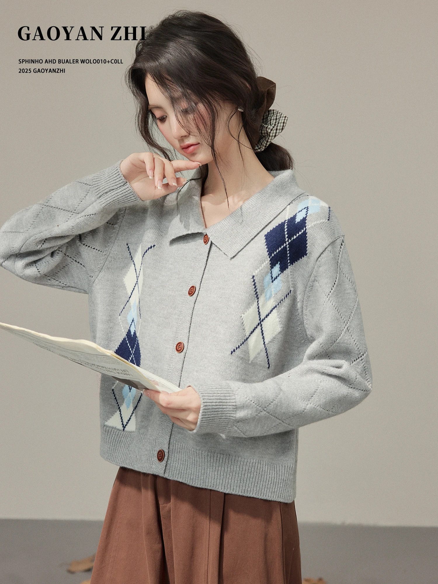 

Loose Fit Knitted Open Cardigan Women's Autumn Winter New Sle Diamond Pattern Turn-down Collar Sweater Jaet High Yani