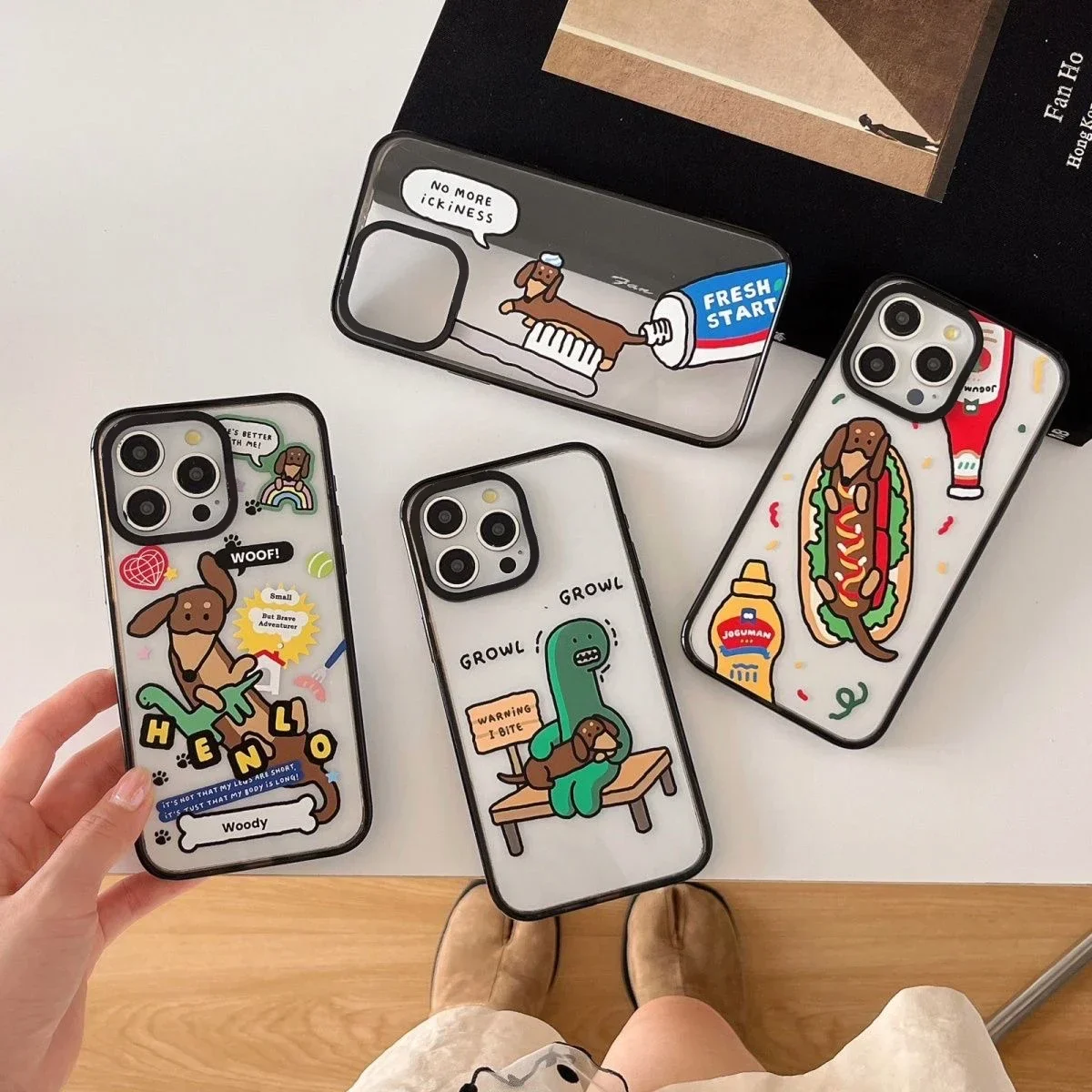 

Cute Hot Dog Dinosaur Black Border 2.0 Acrylic Phone Case Cover for IPhone 12 13 14 15 16 17 Pro Max Case