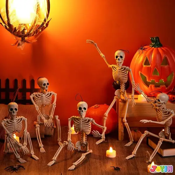 

5 PCS Posable Halloween Skeleton Decor 16 Inches, Full Body Posable Joints Hanging Skeletons for Halloween Decorations, Graveyar
