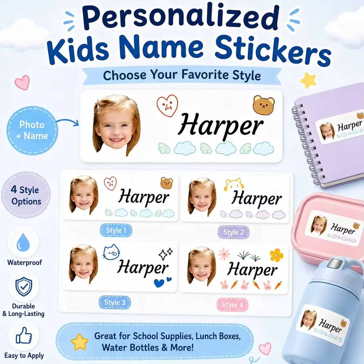 Custom Profile Photo & Name Stickers Personalized Bottle Stationery Labels Unique Custom Image Birthday Gift Tags