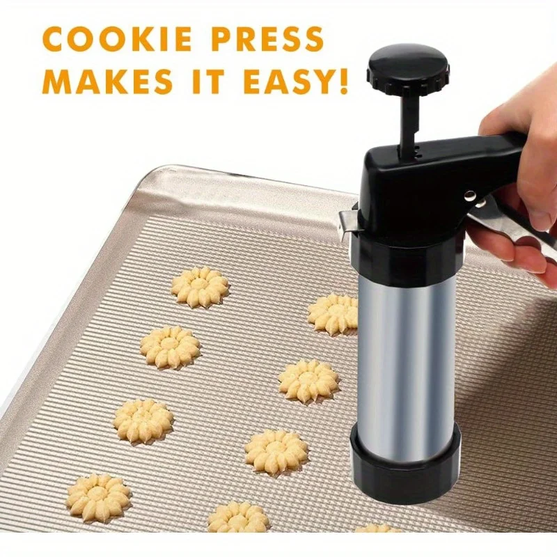 1Pc Stainless Steel Cookies Press, Cookies Press for Baking, Cookie Press Gun Kit with 20 Cookie Discs and 8 Piping Tips for DIY cake Maker Decorating Baking Supplies