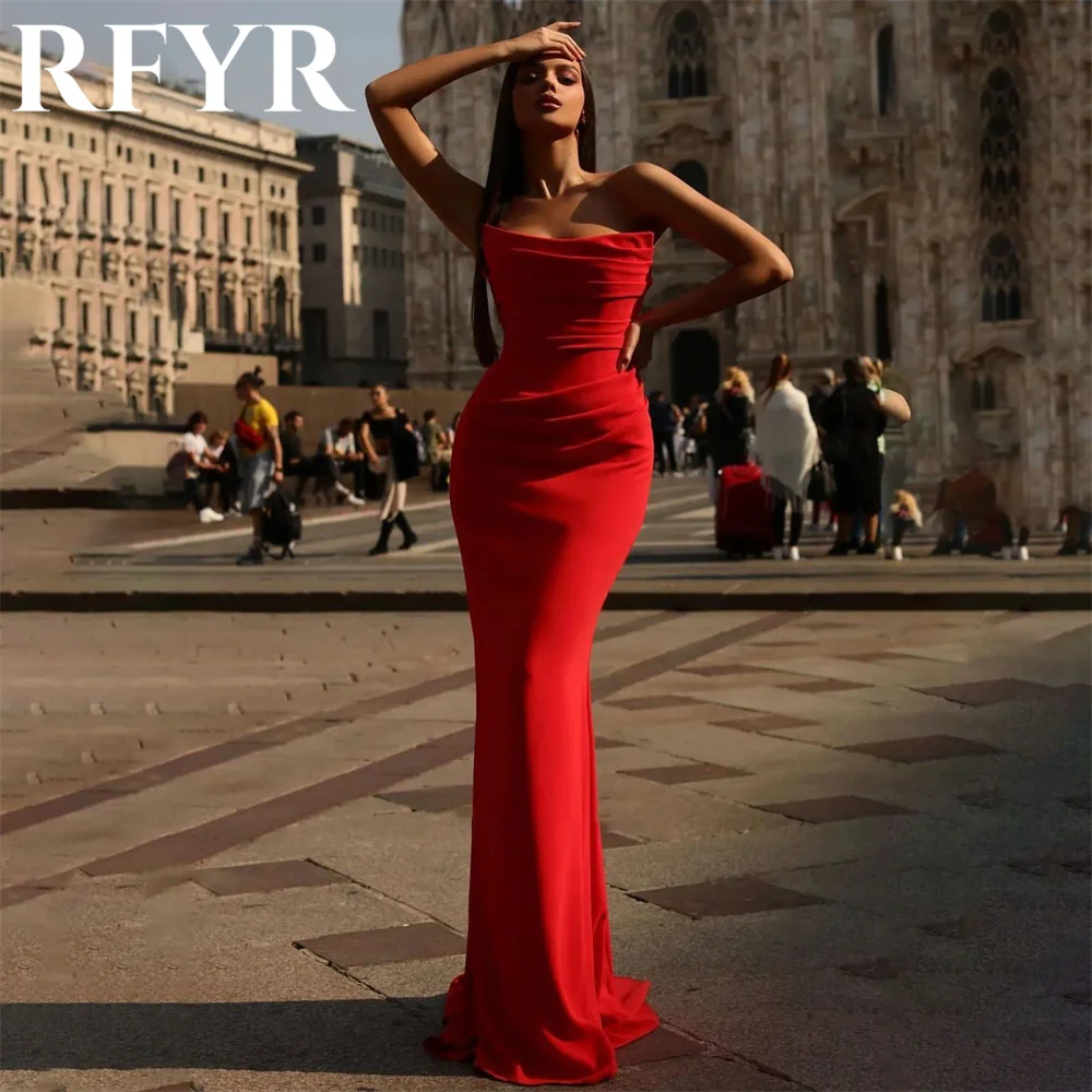 

RFYR Red Elegant Strapless Women Evening Dress Simple Sleeveless with Pleats Satin Trumpet Prom Formal Gowns Dress Customized