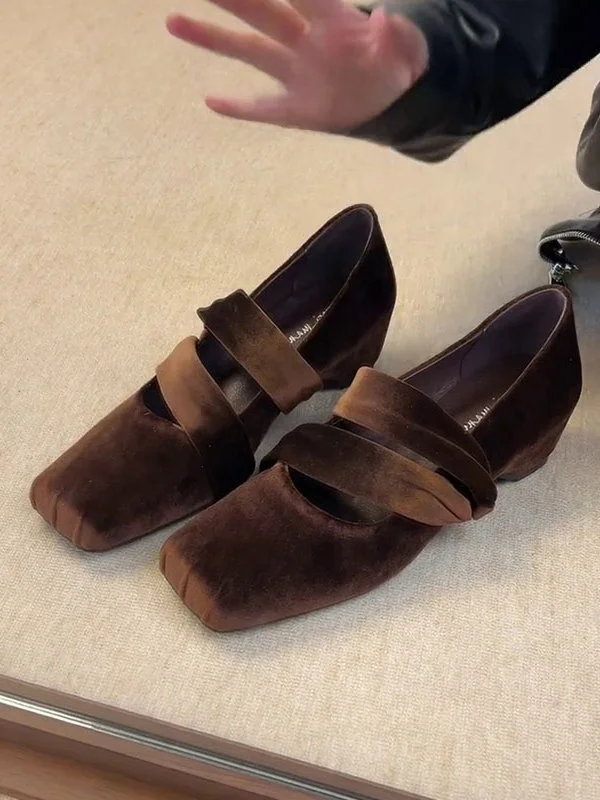 

Retro Style Leather Mary Jane Shoes Women's Increased Height Ballet Style Slip-On Shoes Square Head Cross Buckle Elegant