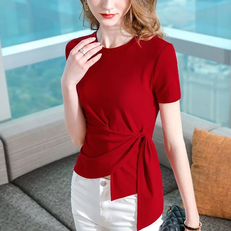 Women Knitted Shirts Tops Lady Casual O-Neck Short Sleeve Tie decor Slim Red color Blusas Tops  QT049