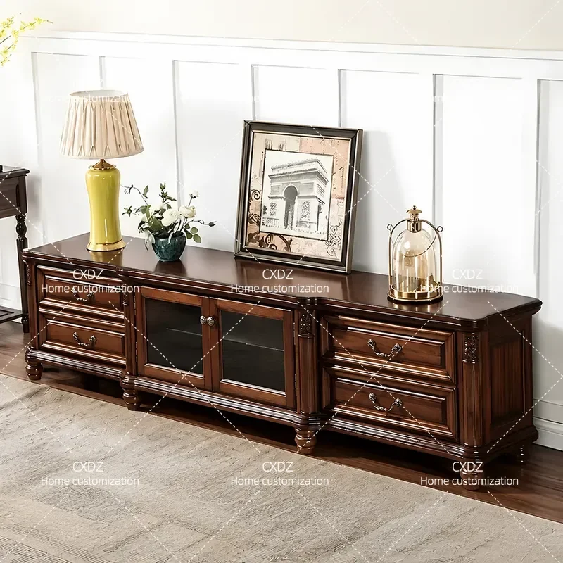 Solid Wood TV Cabinet for Living Room Audio Visual Storage Retro Floor Console Table Combination Unit Modern Home Furniture