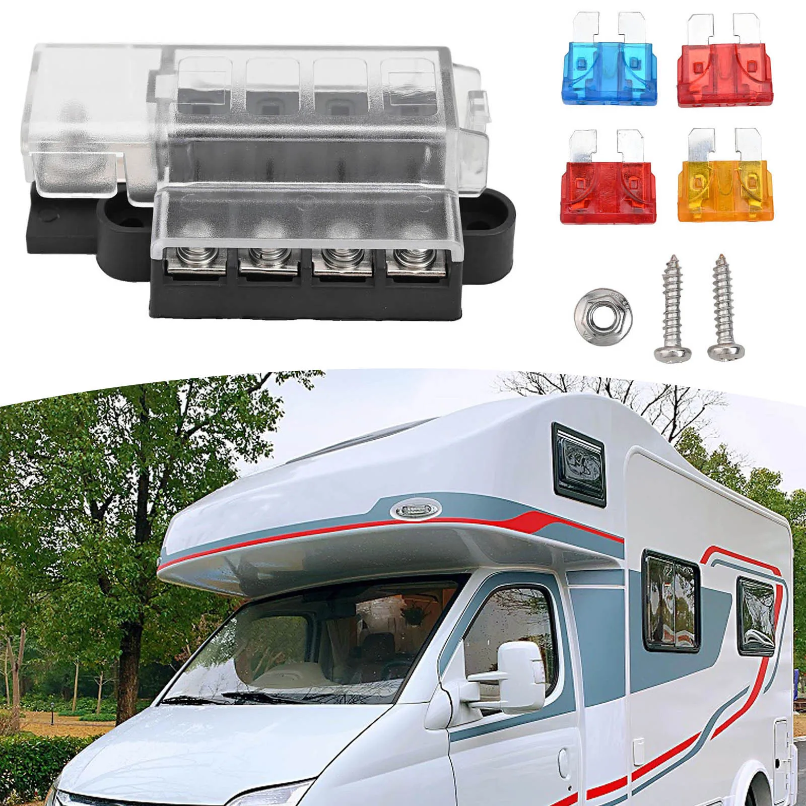 4 Gang Fuse Box Positive Block for ATO ATC Fuses Compact Terminal Holder for Automotive and Marine Applications