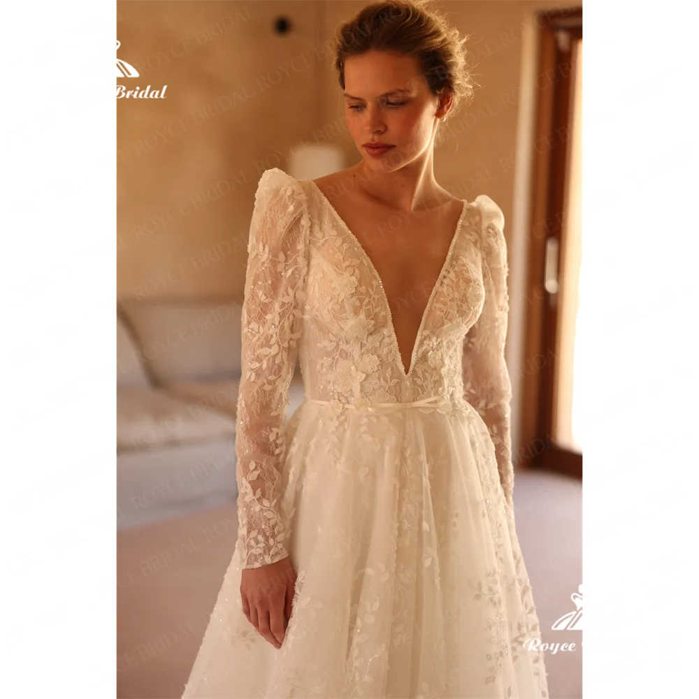 Roycebridal cuello en V una línea vestido de novia 2025 encaje corte tren vestido de novia personalizado vestido de casamentohochzeitskleidsuknia śl