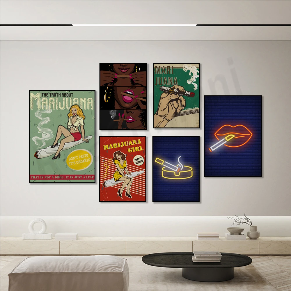 Cigarette sign smoke weed canvas poster on brick wall, lit cigarette drawing, cigar smoke weed art, hippie decor stoner gift