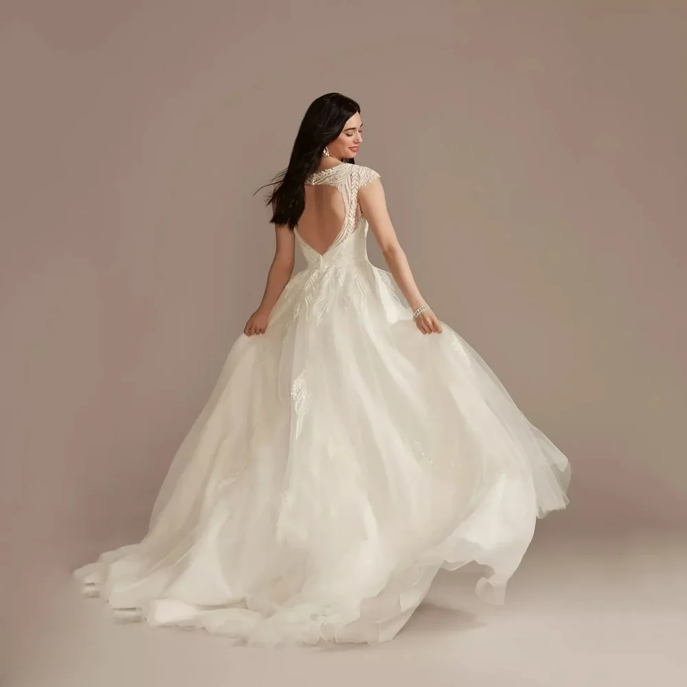 

Свадебные платья по индивидуальному заказу, аппликация, свадебные платья трапециевидной формы с глубокими рукавами, тюлевое платье невесты в стиле бохо с открытой спиной, платье de novia