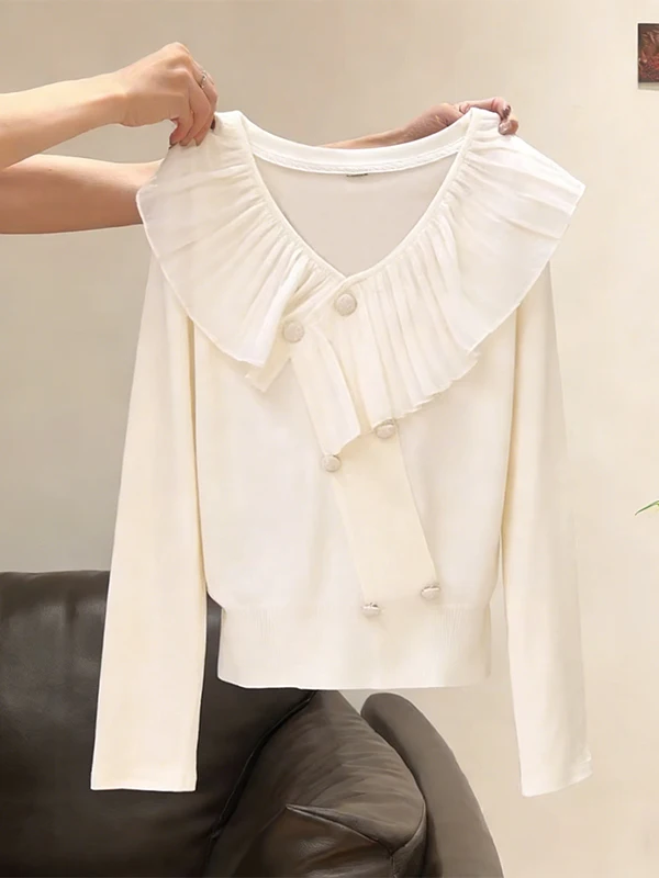 

Large Size Knitted Blouse Women's Spring New Style Design Sensation Age Reduction Slimming Base Layer Top with Lace