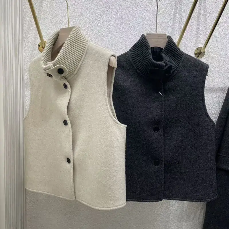 

Шерстяной жилет с воротником-стойкой, двустороннее шерстяное пальто в корейском стиле для женщин, однобортные теплые топы без рукавов на пуговицах, осень-зима
