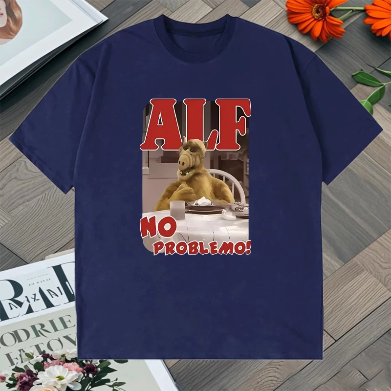 Camiseta Popular de Verano 2026 con Estampado Gráfico ALF NO PROBLEMO, Camiseta de Manga Corta para Hombre y Mujer, Cuello Redondo, Informal, Holgada, de Algodón Puro