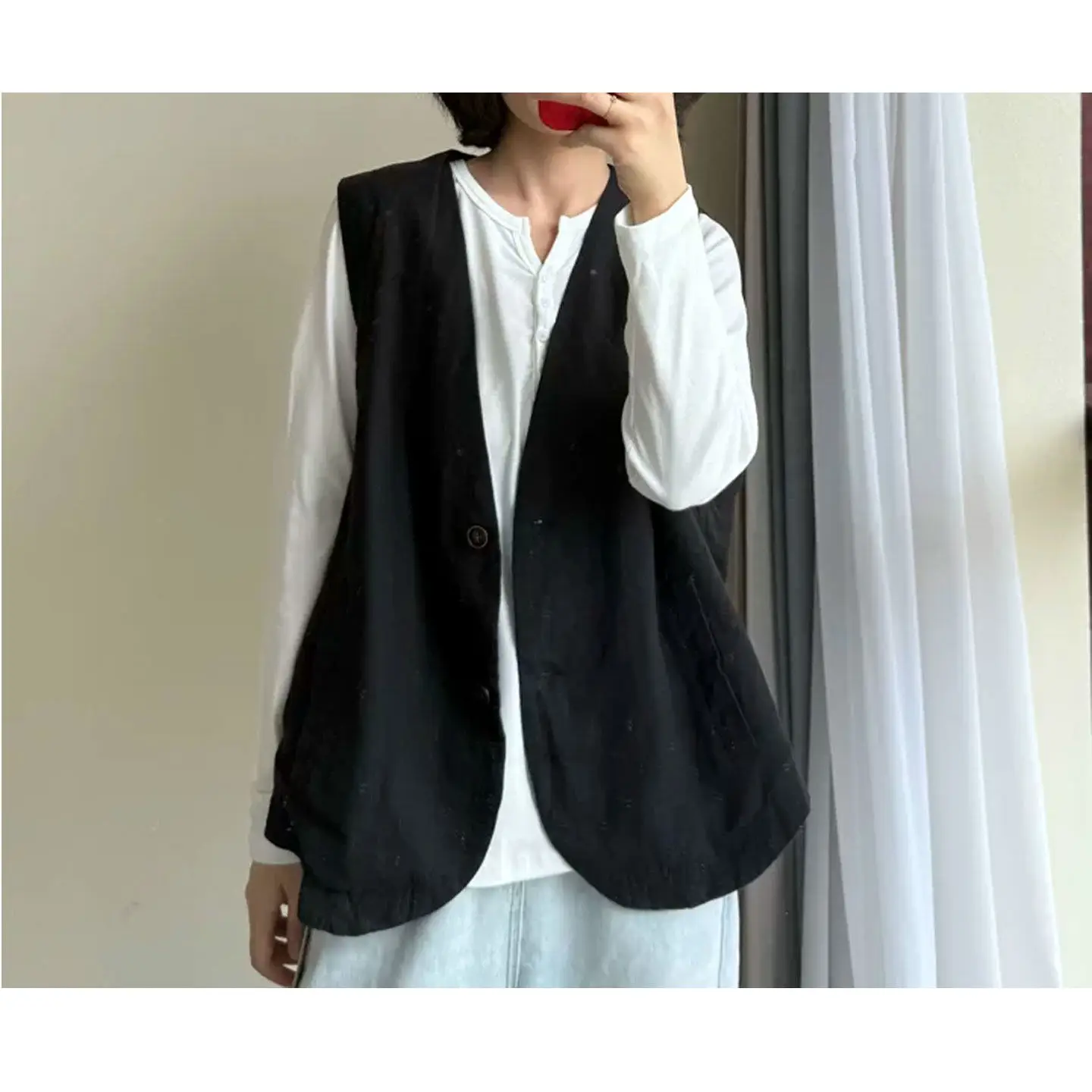 

Japanese Sle Artistic Linen Women's Vest Spring Casual Open Cardigan Color Loose Simple with Vest