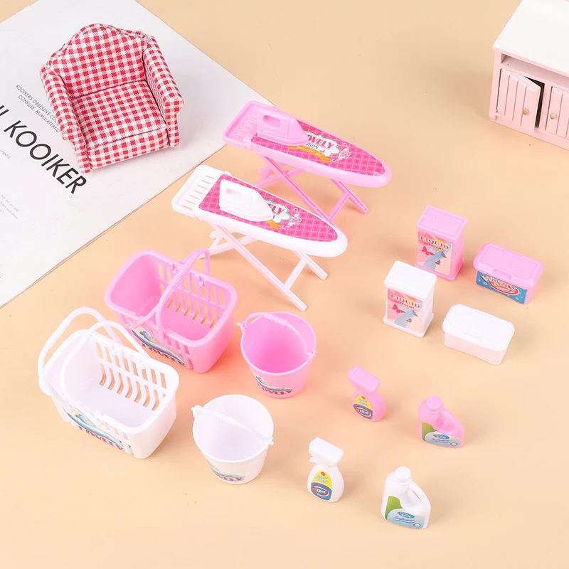 1 conjunto de ferramentas de lavanderia de plástico em miniatura para casa de bonecas-cesta de armazenamento balde detergente ferro elétrico decoração de casa de boneca acessórios de brinquedo