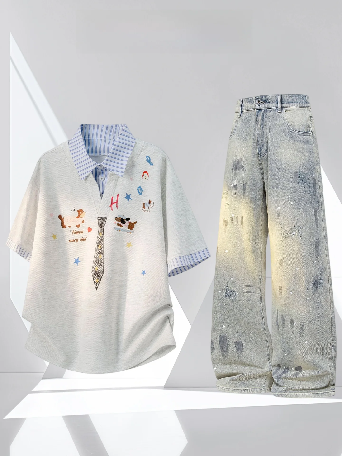 Conjunto Casual Masculino Wassup Glory American Graffiti: Camiseta Fina de Verão e Calça Longa Combinando em Poliéster e Elas...