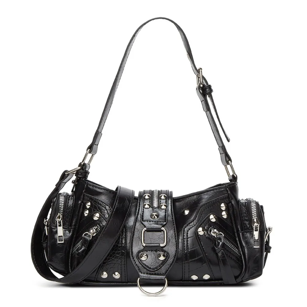 

Сумка на плечо в стиле Y2K с заклепками, винтажная, из вощеной кожи, с множеством карманов, сумка-багет, сумка для покупок, в стиле Spicy Girl