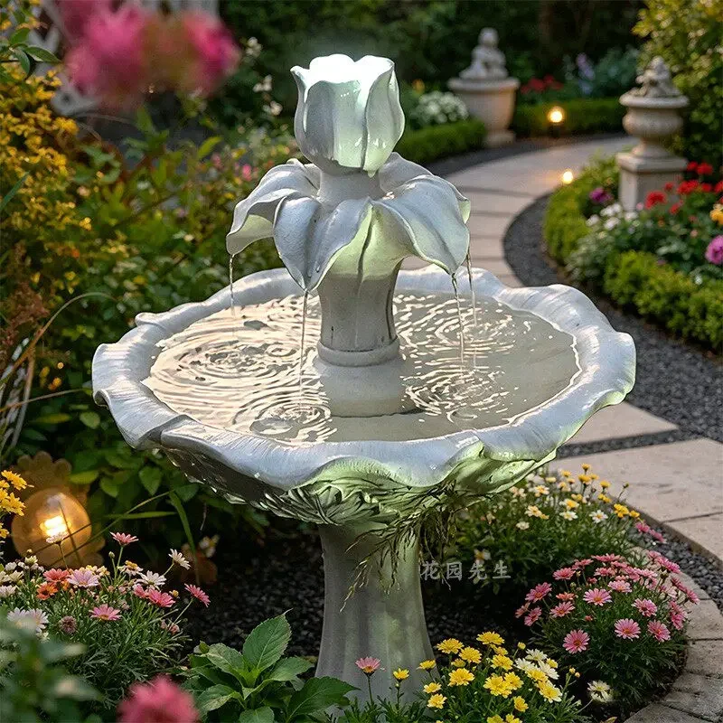 European retro white fountain flowing water ornament LED luminous courtyard garden decoration water feature sculpture balcony ar