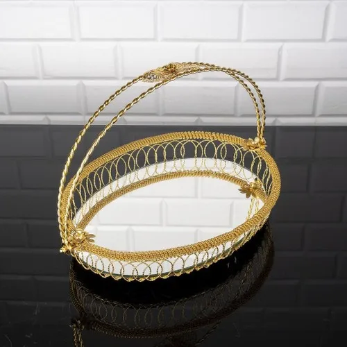 Strawberry Home Medium Gold Oval Filigree Mirrored Basket Ductile 23 X23X34 cm