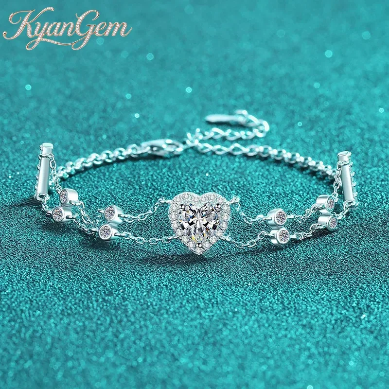 

KyanGem 18K Gold Inlaid Diamond Moissanite Bracelet, Sweet And Lovely Style Heart Wrapped Bracelet, Sapphire Colored Stone